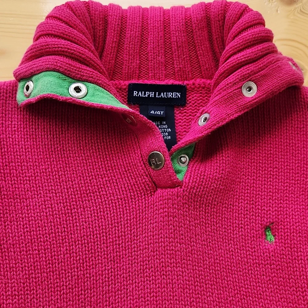 Vintage Ralph Lauren Hot Pink Girl's Neon Green Pony Turtleneck Sweater 4T